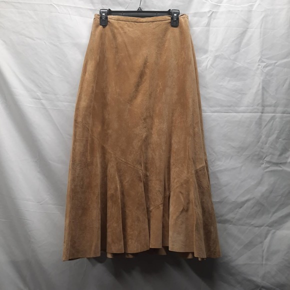 New Chico's Design Tan/Camel 100% Leather lined maxi fit and flare skirt Size 2 - Picture 1 of 6